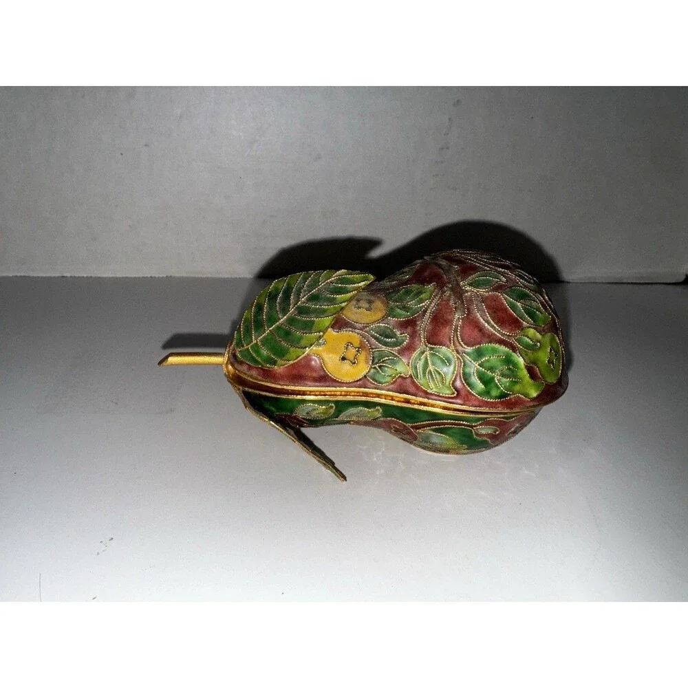 Vintage Cloisonné Pear Trinket Boxes Set of 3 Brass Enamel Lift-Off Lids